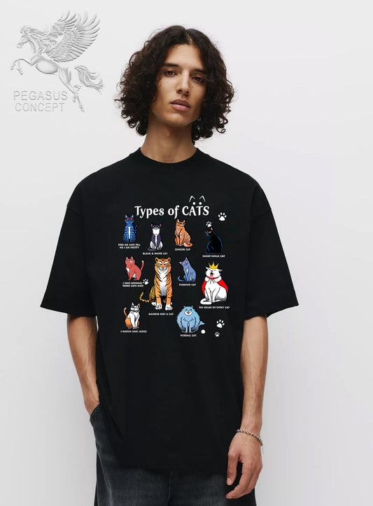 Μπλούζα μακό Premium ποιότητας σε χρώμα μαύρο με τύπωμα Types of Cats