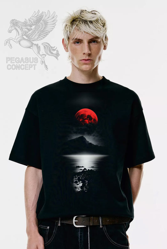 Μπλούζα μακό Premium ποιότητας σε χρώμα μαύρο με τύπωμα Red moon Sea